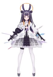  1girl asymmetrical_sleeves black_gloves blue_eyes boots dress gauntlets gloves highres hololive hololive_english kuroboshi_kouhaku ninomae_ina&#039;nis ninomae_ina&#039;nis_(ina_the_hero) official_alternate_costume official_alternate_hairstyle official_art platform_boots pointy_ears puffy_sleeves purple_hair single_gauntlet takodachi_(ninomae_ina&#039;nis) tentacle_hair thigh_strap transparent_background virtual_youtuber white_boots white_dress 