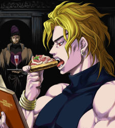  2boys alcohol blonde_hair book cup dio_brando drinking_glass earrings eating fangs food gorgeous_irene grapefruit jewelry jojo_no_kimyou_na_bouken male_focus merumeru626 multiple_boys muscular pie red_eyes sleeveless sleeveless_turtleneck solo_focus terence_t._d&#039;arby tray turtleneck wine wine_glass 