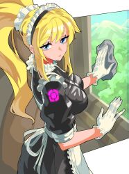 1girl 604yue apron black_dress blonde_hair blue_eyes breasts cleaning cleaning_rag cloth dress gloves highres holding large_breasts long_hair looking_at_viewer maid maid_apron maid_headdress metroid nintendo ponytail samus_aran solo white_apron white_gloves 