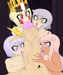  4girls blonde_hair blush chloe_von_einzbern cooperative_fellatio crown fate/apocrypha fate/grand_order fate/kaleid_liner_prisma_illya fate_(series) fellatio heart heart-shaped_pupils huge_penis jack_the_ripper_(fate/apocrypha) kazuradrop_(fate) loli multiple_girls necrobern nero_claudius_(fate) nude oral penis penis_awe pink_hair purple_hair queen_draco_(fate) symbol-shaped_pupils teamwork_(sexual) white_hair 