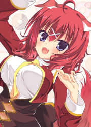  1girl :d absurdres ahoge amairo_islenauts animal_ears between_breasts blue_eyes blush breasts brown_corset commentary corset cropped_jacket donut dutch_angle eyes_visible_through_hair fang food hair_between_eyes hair_ornament hands_up happy highres jacket large_breasts long_sleeves looking_at_viewer masaki_gaillard medium_hair necktie necktie_between_breasts open_mouth outline red_hair red_jacket school_uniform shirt simple_background smile solo sukonbu385 tail tail_raised upper_body white_background white_outline white_shirt wolf_ears wolf_girl wolf_tail x_hair_ornament yellow_necktie 