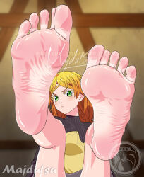 1girl barefoot blonde_hair blush feet foot_focus frown green_eyes hair_ornament isekai_ojisan long_hair looking_at_viewer majdutsu soles solo sui_(isekai_ojisan) toes watermark