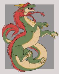  absurdres animalization braid claws commentary_request dragon dragon_horns dragon_tail full_body green_eyes green_scales highres hong_meiling hong_meiling_(dragon) horns min.k no_humans open_mouth red_fur sharp_teeth tail teeth tongue touhou twin_braids 