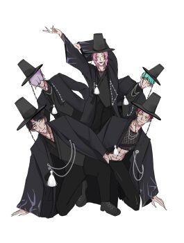  177x77 5boys abby_(kpop_demon_hunters) abs aespa aqua_hair arms_up baby_(kpop_demon_hunters) black_hair black_hanbok black_pants body_markings commentary_request demon facial_mark fingernails fishnet_top fishnets full_body gat_(hat) hair_over_eyes hanbok hat highres jinu_(kpop_demon_hunters) korean_clothes korean_commentary kpop_demon_hunters long_fingernails looking_at_viewer male_focus multiple_boys mystery_(kpop_demon_hunter) pants pink_hair purple_hair romance_(kpop_demon_hunters) short_hair yellow_eyes 