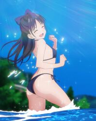  1girl alternate_breast_size arm_behind_head armpits bikini black_hair breasts cleavage happy highres miyao_nemu navel ocean open_mouth smile solo stitched swimsuit teeth thighs third-party_edit water witch_watch 