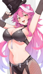  1girl :d alternate_costume animal_ear_fluff animal_ears black_bra black_panties blush bra breasts cleavage collarbone commentary enipa_28 eyeshadow fang fang_out garter_belt gloves hair_between_eyes hair_intakes hat highres hololive hololive_english lace lace-trimmed_bra lace-trimmed_legwear lace-trimmed_panties lace_trim large_breasts lingerie long_hair looking_at_viewer makeup multicolored_hair navel open_mouth panther_ears panther_girl panther_tail panties pink_eyeshadow pink_hair raora_panthera simple_background smile solo streaked_hair symbol-only_commentary tail top_hat underwear underwear_only virtual_youtuber white_background white_hair yellow_eyes 