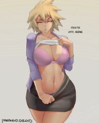 1girl artist_name bakugou_mitsuki black_skirt blonde_hair boku_no_hero_academia bra breasts business_suit cleavage clothes_lift collarbone english_text female_focus formal_clothes grey_background highres large_breasts looking_at_viewer mature_female miniskirt navel paranoid.droid pencil_skirt pink_bra red_eyes shirt_lift short_hair skirt solo stomach suit thick_thighs thighs tight_skirt underwear rating:Questionable score:501 user:JustHere4Butts
