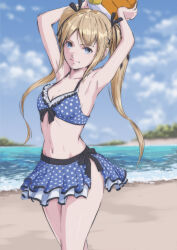  1girl absurdres arms_up ball bare_arms bare_legs beach bikini bikini_skirt black_ribbon blonde_hair blue_bikini blue_eyes breasts cleavage collarbone day dead_or_alive front-tie_top hair_ribbon highres layered_bikini layered_skirt marie_rose navel outdoors pleated_skirt polka_dot polka_dot_bikini ribbon side-tie_bikini_bottom skirt small_breasts solo summer swimsuit twintails tyanoki volleyball_(object) white_polka_dots 