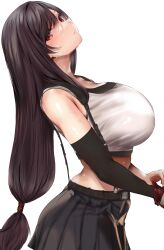  1girl absurdres aoki_hiro armpit_crease bare_shoulders belt belt_buckle black_hair black_skirt breasts brown_belt buckle crop_top elbow_gloves final_fantasy final_fantasy_vii final_fantasy_vii_remake from_side gloves highres huge_breasts long_hair looking_at_viewer low-tied_long_hair midriff red_eyes simple_background skirt solo suspender_skirt suspenders tank_top tifa_lockhart white_background white_tank_top  rating:Sensitive score:13 user:danbooru
