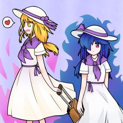  2girls blonde_hair blue_hair blue_sailor_collar dress dual_persona hat heart long_hair louise_(midboss)_(touhou) louise_(touhou) medium_hair multiple_girls neckerchief red_eyes ribbon rolling_suitcase sailor_collar shadou_buhui shirt short_sleeves smile spoken_heart suitcase sun_hat touhou touhou_(pc-98) twintails white_dress white_shirt yellow_eyes 