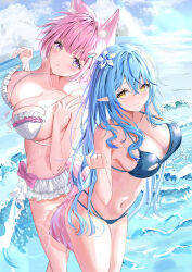 2girls absurdres animal_ear_fluff animal_ears bikini blue_bikini blue_hair blue_sky blush breasts cleavage cloud flower frilled_bikini frills hair_flower hair_ornament hakui_koyori hakui_koyori_(summer) highres hololive large_breasts long_hair medium_hair multicolored_hair multiple_girls official_alternate_costume open_mouth pink_hair pointy_ears purple_eyes sky streaked_hair swimsuit tail tonasegaill virtual_youtuber wading water white_bikini wolf_ears wolf_girl wolf_tail yellow_eyes yukihana_lamy  rating:Sensitive score:12 user:danbooru