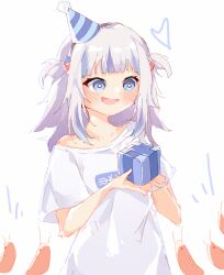  absurdres blue_eyes blue_hair gawr_gura gift hair_ornament hat heart highres holding holding_gift hololive hololive_english light_blush ma_draws multicolored_hair party_hat shirt shrimp smile virtual_youtuber white_hair white_shirt 