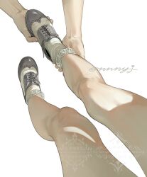  2others ankle_grab artist_name close-up commentary_request feet highres lace-trimmed_socks leg_focus lower_body multicolored_shoes multiple_others nnnyj original pov pov_legs putting_on_footwear saddle_shoes shoelaces shoes simple_background socks solo_focus twitter_username two-tone_shoes watermark white_background white_socks 