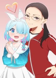  2girls arona_(blue_archive) black_eyes black_hair blue_archive blue_eyes blue_hair blue_shirt braid choker collarbone gokusen hair_over_one_eye hairband halo hand_on_own_hip heart heart_halo highres jacket jhd9x_(climax_beam) multicolored_hair multiple_girls own_hands_together pink_background red_jacket shirt skirt track_suit twintails white_choker white_skirt yamaguchi_kumiko 