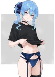  1girl absurdres black_choker black_shirt blue_eyes blue_garter_belt blue_hair blue_hair_ribbon blue_panties blue_ribbon bluefield blush choker clothes_lift frilled_panties frills garter_belt hair_between_eyes hair_ribbon highres hololive hoshimachi_suisei lingerie long_hair looking_at_viewer navel painting_medium panties panties_over_garter_belt ribbon shirt shirt_lift side_ponytail sidelocks smile solo star_(symbol) star_in_eye symbol_in_eye t-shirt underwear virtual_youtuber 