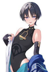  1boy absurdres black_gloves black_hair black_leotard black_sleeves blunt_ends blush chobonu fingerless_gloves genshin_impact girly_boy gloves hair_between_eyes highres japanese_clothes leotard looking_at_viewer male_focus purple_eyes scaramouche_(genshin_impact) short_hair solo tongue tongue_out wanderer_(genshin_impact) white_background 