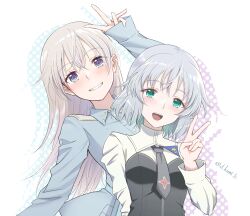  2girls absurdres black_necktie blue_eyes blue_jacket blush eila_ilmatar_juutilainen grey_hair happy highres jacket kumi_cure long_hair military military_uniform multiple_girls necktie open_mouth sanya_v._litvyak short_hair simple_background strike_witches teeth turtleneck twitter_username upper_body upper_teeth_only v white_hair world_witches_series 