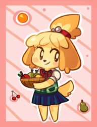  1girl animal_crossing blouse cherry food fruit fruit_basket green_shirt isabelle_(animal_crossing) nintendo orange_(fruit) peach_background pear pink_background shirt skirt source_request standing striped_background  rating:Sensitive score:2 user:liquorice