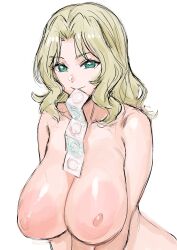 1girl blonde_hair breasts character_request check_character check_copyright closed_mouth condom condom_in_mouth condom_packet_strip condom_wrapper copyright_request girls_und_panzer green_eyes highres kay_(girls_und_panzer) kuppipi_ramutarou large_areolae large_breasts long_hair looking_at_viewer mouth_hold nipples nude simple_background solo white_background rating:Explicit score:64 user:danbooru