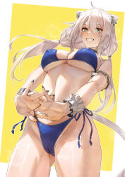 1girl ahoge animal_ear_fluff animal_ears aqua_eyes bikini black_choker black_nails blue_bikini border breasts cameltoe choker clenched_teeth covered_erect_nipples cowboy_shot fangs floating_hair grin groin hair_between_eyes highres hololive interlocked_fingers large_breasts lion_ears lion_girl lion_tail low_twintails navel shishiro_botan side-tie_bikini_bottom smile solo stomach swimsuit tail teeth tight_(ohmygod) twintails underboob virtual_youtuber white_border white_hair rating:Questionable score:26 user:danbooru