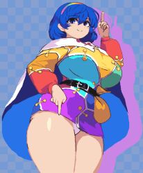  1girl :d animated animated_gif arm_up belt belt_pouch blue_cape blue_eyes blue_hair breasts cape closed_mouth collared_cape cowboy_shot curvy dancing dress hairband index_finger_raised large_breasts long_sleeves looking_at_viewer microdress miniskirt multicolored_dress multicolored_hairband namako_daibakuhatsu non-web_source open_mouth orange_sleeves panties pantyshot patchwork_clothes pointing pointing_down pointing_up pouch rainbow_gradient rainbow_hairband sack short_hair skirt smile solo standing tenkyuu_chimata thick_thighs thighs touhou two-sided_cape two-sided_fabric unconnected_marketeers underwear white_cape white_panties wide_hips  rating:Sensitive score:117 user:danbooru