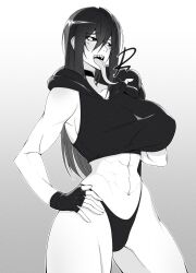  1girl abs black_hair black_sclera blush bose cero_rains collarbone colored_sclera commentary commission english_commentary fingerless_gloves gloves gradient_background hair_between_eyes hand_on_own_hip hand_up highres hood hood_down long_hair long_tongue looking_at_viewer monochrome muscular muscular_female navel open_mouth original pants simple_background solo sports_bra stomach teeth thick_thighs thighs tongue tongue_out upper_teeth_only 