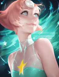  1girl female_focus forehead_jewel pale_skin pearl_(steven_universe) sakimichan smile solo steven_universe upper_body  rating:Sensitive score:88 user:dmysta3000