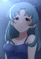  1girl absurdres blue_dress blue_hairband blush breasts brown_eyes cleavage closed_mouth commentary_request dress green_eyes hair_down hairband highres idolmaster idolmaster_million_live! long_hair natsuki_p parted_bangs sidelighting sleeveless sleeveless_dress smile solo sparkle tokugawa_matsuri upper_body 
