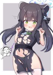  1girl animal_ear_fluff animal_ears black_dress black_hair black_panties blue_archive blue_halo blush bow bow_panties breasts china_dress chinese_clothes commentary_request doodle_sensei_(blue_archive) dress extra_ears green_eyes grey_background halo highres loli long_hair navel no_bra paid_reward_available panties pelvic_curtain sensei_(blue_archive) short_dress short_sleeves shun_(blue_archive) shun_(small)_(blue_archive) simple_background small_breasts thighhighs torn_clothes torn_dress twintails underwear white_thighhighs yuchiberu 