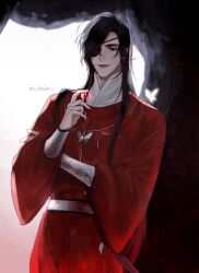  1boy bishounen black_eyes black_hair bracer braid bug butterfly butterfly_necklace chinese_clothes eyepatch glowing_butterfly hair_over_one_eye hanfu highres holding holding_own_hair hua_cheng insect jewelry kris_yang long_hair long_sleeves looking_at_viewer male_focus necklace one_eye_covered parted_lips pointy_ears red_hanfu side_braid single_braid smile solo standing sword third-party_source tianguan_cifu tree twitter_username very_long_hair weapon white_butterfly yuanlingpao 