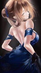  1girl absurdres backless_dress backless_outfit bare_back black_gloves blue_dress breasts brown_hair commentary cowboy_shot dress from_behind girls&#039;_frontline girls&#039;_frontline_2:_exilium gloves green_eyes hair_rings highres looking_at_viewer looking_back medium_breasts official_alternate_costume parted_lips renoahh revision solo springfield_(girls&#039;_frontline) springfield_(girls&#039;_frontline_2) springfield_(queen_in_radiance)_(girls&#039;_frontline) watermark 