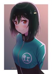  1girl absurdres arms_behind_back artist_name black_hair blush bob_cut border closed_mouth commentary gradient_background green_jacket hair_between_eyes hair_ribbon highres ice_compass0610 jacket long_sleeves looking_at_viewer love_live! love_live!_nijigasaki_high_school_idol_club medium_hair mifune_shioriko nijigasaki_track_jacket orange_eyes outside_border pink_background ribbon signature simple_background smile solo split_mouth track_jacket upper_body white_border yellow_ribbon 