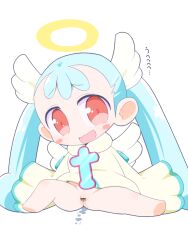  1girl bar_censor blue_hair blush_stickers bottomless cello_(20000) censored cleft_of_venus doki_doki_majo_shinpan female_focus halo highres japanese_text loli long_hair looking_at_viewer lulu_(doki_doki_majo_shinpan) no_feet open_mouth presenting presenting_pussy pussy pussy_juice red_eyes sitting solo spread_legs translated twintails white_background wings  rating:Explicit score:4 user:BaronArgyleSven