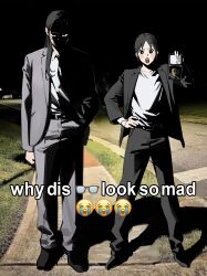  2girls absurdres akagi_(jimoto_saikou) arm_at_side badge belt black_belt black_eyes black_footwear black_hair black_jacket black_pants black_suit blush_stickers cheolsu clenched_hand dress_shirt empty_eyes face_in_shadow formal_clothes full_body glaring glasses grass grey_jacket grey_pants grey_suit hand_in_pocket hand_on_own_hip hand_up highres holding holding_badge jacket jimoto_saikou lapels long_hair long_sleeves looking_at_viewer meme multiple_girls nara-san_(jimoto_saikou) night open_clothes open_jacket open_mouth outdoors pants police police_badge police_uniform policewoman road serious shadow shirt shirt_tucked_in shoes side-by-side sidewalk standing suit v-shaped_eyebrows white_shirt why_dis_ninja_look_so_mad_(meme)  rating:General score:2 user:danbooru