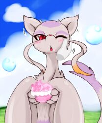  1girl :o animal_ears animal_nose bubble cherry_blossoms commentary_request disembodied_hand food furry furry_female gameplay_mechanics gen_5_pokemon grass highres holding holding_food icing macaron mienshao nintendo nyaswitchnya one_eye_closed outdoors pastry petting poke_puff pokemon pokemon-amie pokemon_(creature) pokemon_focus red_eyes solo supreme_spring_poke_puff tail 