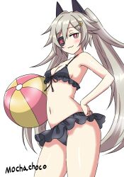  1girl :3 ball bare_arms beachball bikini black_bikini blush breasts closed_mouth djmax djmax_respect eyepatch fail_(djmax) frilled_bikini frills grey_hair hair_ornament hairclip hand_on_own_hip highres holding holding_ball holding_beachball long_hair looking_at_viewer mochachoco navel red_eyes sideboob sidelocks simple_background small_breasts standing swimsuit thighs twintails very_long_hair white_background 