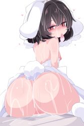  1girl aftersex animal_ears anus ass ass_focus black_hair blush breasts bridal_veil brown_eyes bukkake commentary condom condom_in_mouth cum cum_on_ass cum_on_back cum_on_body cum_on_hair dated_commentary dress facial floppy_ears from_behind highres inaba_tewi kukuchi581 loli looking_at_viewer looking_back mouth_hold nipples no_panties open_mouth pussy rabbit_ears rabbit_girl rabbit_tail simple_background small_breasts solo strapless strapless_dress tail touhou uncensored used_condom veil wedding_dress white_background  rating:Explicit score:108 user:danbooru