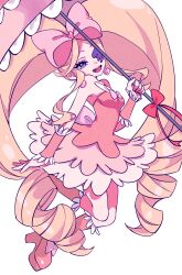  1girl blonde_hair boots bow breasts colored_eyepatch dress drill_hair earrings eyepatch footwear_bow frilled_boots frilled_umbrella frilled_wrist_cuffs frills harime_nui heart heart_earrings highres holding holding_umbrella jewelry kill_la_kill long_hair pink_boots pink_bow pink_dress pink_umbrella pink_wrist_cuffs red_bow rumic_0620 shadow twin_drills umbrella white_background wrist_cuffs 