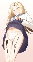  1girl black_skirt blonde_hair blue_neckerchief blue_sailor_collar blush chocolate chocolate_on_body chocolate_on_legs clothes_lift colored_eyelashes commentary_request crotch_seam dot_nose feet_out_of_frame food_on_body from_below gakuen_idolmaster gluteal_fold gradient_background groin hair_ornament hairclip half-closed_eyes hands_up high-waist_skirt highres idolmaster lifting_own_clothes long_hair long_sleeves looking_at_viewer looking_down munemori_(rknd2585) navel neckerchief orange_eyes panties parted_bangs parted_lips pink_background pleated_skirt sailor_collar school_uniform serafuku shinosawa_hiro shirt skirt skirt_lift solo standing stomach thigh_gap underwear white_background white_panties white_shirt  rating:Sensitive score:22 user:danbooru