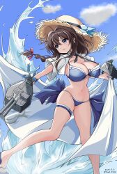  1girl absurdres adapted_turret beach bikini blue_bikini blue_eyes blue_sky braid breasts brown_hair brown_hat cleavage cloud cowboy_shot day flip-flops flower front-tie_bikini_top front-tie_top hair_between_eyes hair_flaps hair_over_shoulder hat hat_flower highres kantai_collection long_hair medium_breasts ocean official_alternate_costume open_clothes open_shirt outdoors sandals sarong shigure_(kancolle) shigure_kai_san_(swimsuit)_(kancolle) shirt side-tie_bikini_bottom single_braid sky solo straw_hat sun_hat swimsuit thigh_strap toms white_shirt 
