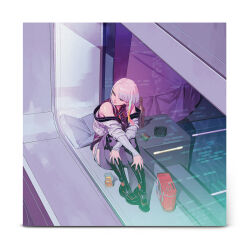  1girl album_cover ashtray bare_shoulders bed boots border cover cup cyberpunk_(series) cyberpunk_edgerunners drink drinking_glass full_body gradient_hair grey_hair highres knees_up light_smile looking_to_the_side lucy_(cyberpunk) multicolored_eyes multicolored_hair off-shoulder_jacket off_shoulder official_art pillow short_hair_with_long_locks sitting white_border window yoshinari_you 