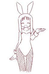  1girl animal_ears azumanga_daiou bare_shoulders blush closed_eyes collarbone commentary_request cowboy_shot cropped_legs fake_animal_ears female_focus fishnet_pantyhose fishnets flat_chest greyscale hand_up kasuga_ayumu leotard long_hair monochrome nama_(sukebu2580) pantyhose playboy_bunny rabbit_ears simple_background sleeve_cuffs smile solo standing white_background  rating:Sensitive score:18 user:danbooru