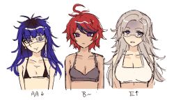  aotsuki_eito babykatafan bikini black_bikini black_hair blue_hair bra breasts bust_chart cleavage closed_mouth commentary english_commentary eyelashes eyepatch flat_chest genderswap genderswap_(mtf) glasses grey_hair grey_sports_bra highres large_breasts long_hair micro_bikini multicolored_hair multiple_girls omokage_yugamu piercing purple_eyes red_eyes red_hair shaded_face simple_background sketch small_breasts sports_bra streaked_hair sumino_takumi swimsuit the_hundred_line_-last_defense_academy- underwear upper_body white_background white_bra 
