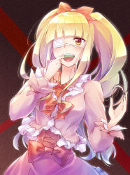 1girl blonde_hair blunt_bangs blush bow brown_eyes character_request copyright_request dress eyepatch female_focus finger_in_own_mouth hair_bow hand_up highres long_sleeves looking_at_viewer nyaa_(nnekoron) open_mouth pink_dress puffy_sleeves red_bow simple_background solo standing twintails rating:Sensitive score:3 user:danbooru