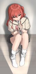  1girl absurdres bocchi_the_rock! bound bound_ankles bound_wrists chain collar commission cuffs cuffs-to-collar dochi_(dosa_dosa_dosa) green_eyes half-closed_eyes highres kita_ikuyo lock medium_hair metal_collar on_floor padlock red_hair school_uniform second-party_source shackles sitting skeb_commission smile socks solo wrists_to_ankles  rating:Sensitive score:75 user:danbooru