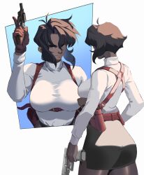  1girl absurdres black_skirt bob_cut breasts dark-skinned_female dark_skin gun gunsmith_cats handgun highres holster large_breasts pantyhose rally_vincent revolver sadraque shirt short_hair simple_background skirt solo standing weapon white_shirt 