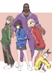  10ttruck 1boy 4girls arms_behind_back black_hair black_ribbon black_skirt blonde_hair blue_eyes blue_jacket brown_eyes brown_hair collarbone commentary_request dark-skinned_male dark_skin facial_hair full_body glasses green_jacket grey_skirt hair_ribbon hand_on_own_hip hands_in_pockets highres holding holding_own_hair inoue_takina jacket kurumi_(lycoris_recoil) long_hair long_sleeves looking_at_viewer lycoris_recoil male_focus mika_(lycoris_recoil) multiple_girls mustache nakahara_mizuki nishikigi_chisato one_side_up open_mouth over-rim_eyewear pants pleated_skirt ponytail purple_eyes purple_jacket purple_pants red-framed_eyewear red_eyes red_jacket ribbon semi-rimless_eyewear shinai shirt shoes short_hair sidelocks skirt sleeves_past_fingers sleeves_past_wrists squatting standing sword teeth upper_teeth_only weapon white_shirt white_shoes yellow_jacket 