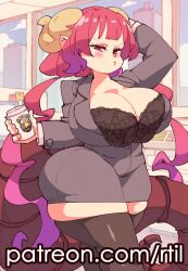  1girl absurdres black_bra black_thighhighs blush bra breasts bursting_breasts cleavage cup eyelashes female_focus highres horn huge_breasts ilulu_(maidragon) kobayashi-san_chi_no_maidragon looking_at_viewer matching_hair/eyes office_lady pointy_ears pout red_eyes red_hair rtil shiny_clothes skindentation solo standing thighhighs underwear zettai_ryouiki 