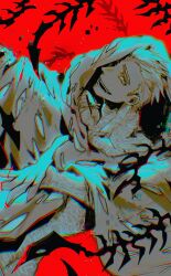 1boy arm_up body_markings chiyo_(miichiyochin) collarbone commentary dutch_angle english_commentary highres hood hood_up hooded_robe male_focus millions_knives one_eye_covered open_mouth outstretched_arm red_background robe short_hair short_sideburns smile solo spikes teeth trigun trigun_stampede 