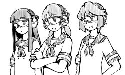  3girls blunt_bangs crossed_arms ear_protection earphones greyscale hatsuyuki_(kancolle) kantai_collection long_hair low_twintails medium_hair miyuki_(kancolle) monochrome multiple_girls no_nose safety_glasses sailor_collar sailor_shirt school_uniform serafuku shirayuki_(kancolle) shirt short_hair short_sleeves simple_background task_(s_task80) twintails upper_body 